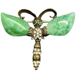 Rare VTG Signed JEANNE Dragonfly Brooch Green Marbled Lucite Wings Figural Pin